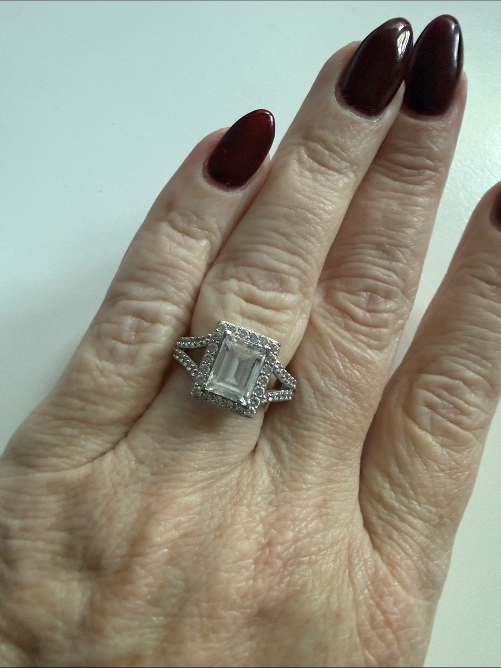 Diamonique Classic Emerald-Cut Silver Halo Ring - Clear Stone